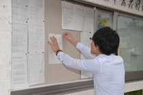 住民投票を告示する書類を市役所前の掲示板に貼る職員=31日午前