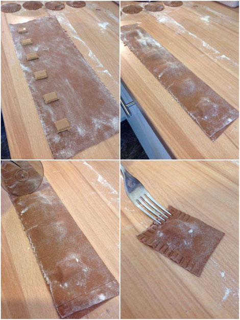 Natürlich kann man auch eckige Ravioli machen. Die lassen sich auch ganz hervorragend aus einem großen Stück schneiden.