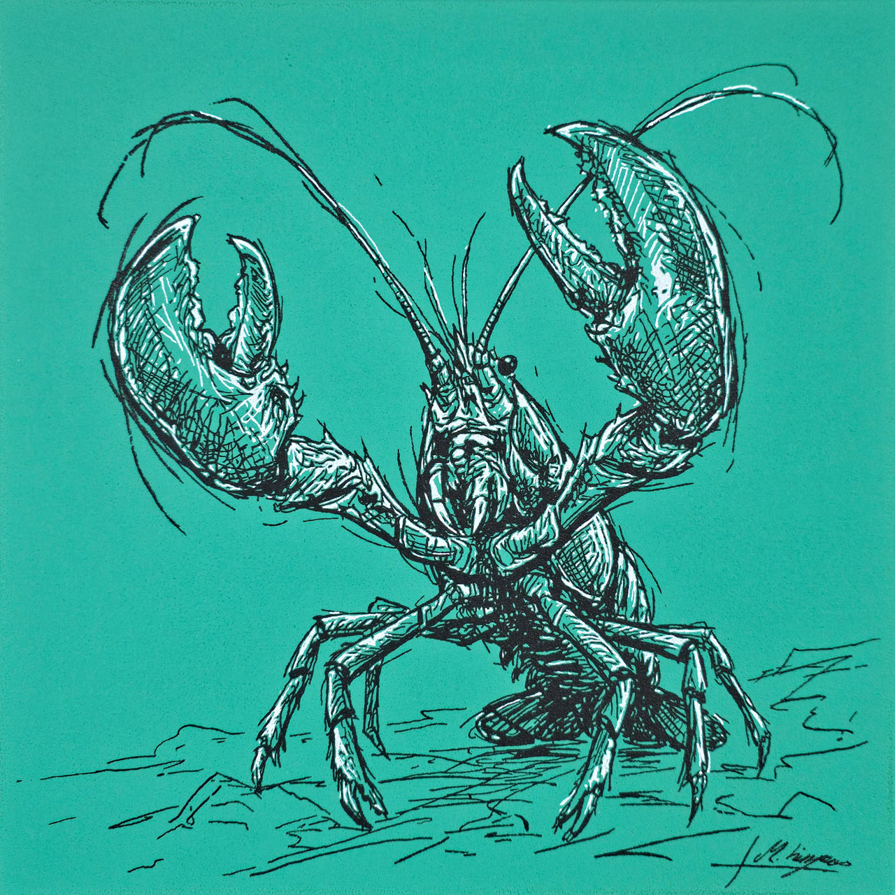 STANDING GROUND II – Hummer, 60×60 cm (2026), Acryl auf Leinwand und Acrylmarker; grüner Hintergrund.
