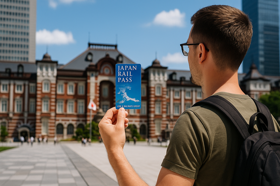 Tourist holding a Japan Rail Pass in front of Tokyo Station