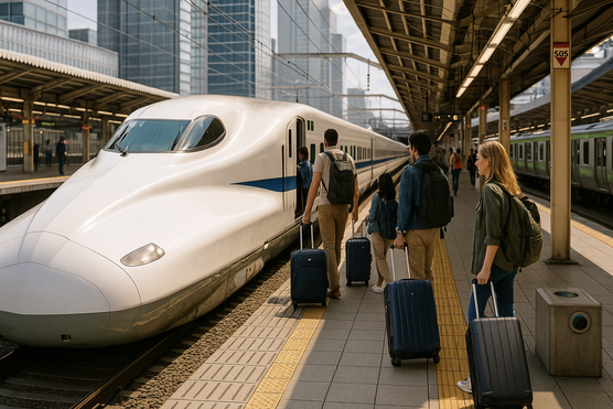 Travelers boarding a Shinkansen at Tokyo Station