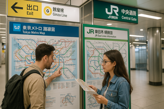 Tourists checking Tokyo Metro and JR maps side by side at a station.