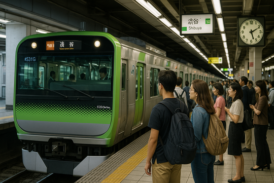 JR Yamanote Line train arriving at Shibuya Station platform.