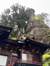 岩壁と装飾のある社殿が並ぶ、自然と神社建築が調和した風景。