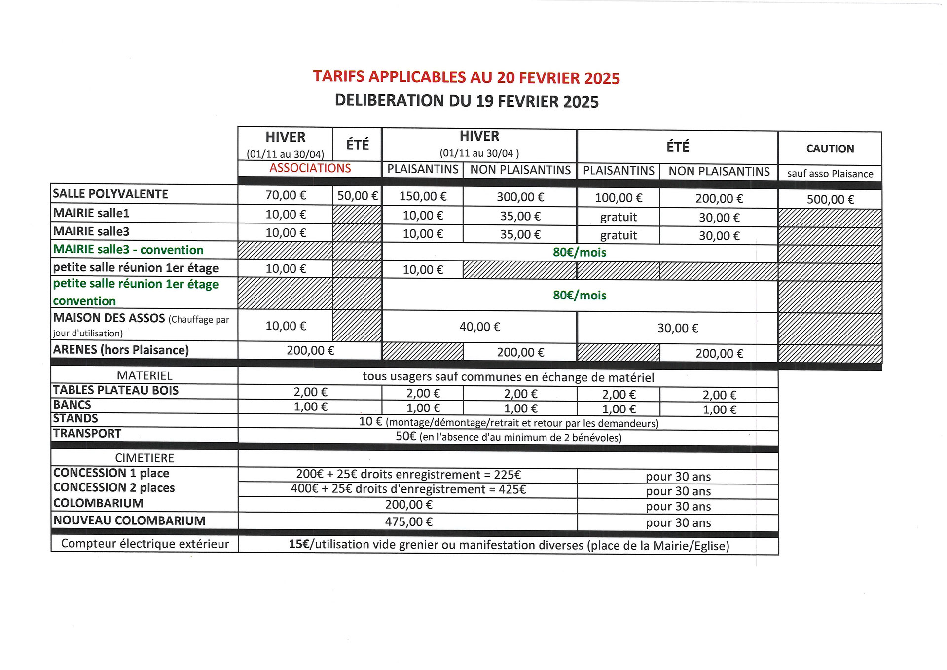 Tarifs location des salles