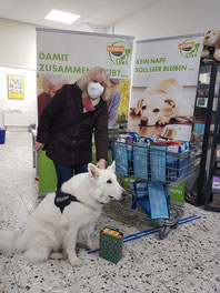 weißer Schäferhund und Frau mit Futterspenden