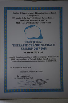 Certificat Thérapie Cranio Sacrale