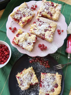 Johannisbeer Blechkuchen Stücke von oben auf den Kuchenplatte