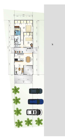 南北に長い敷地の例。北側の部屋により多くの自然光を導くためには屋根に工夫が要る