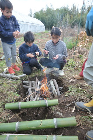 子どもも火遊び青竹でご飯炊き＠火と暮らす・すどう農園