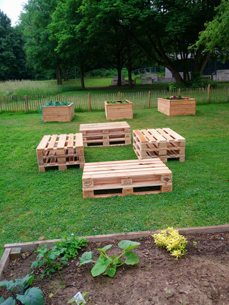 nun gibt es für die Gärtner auch eine Sitzmöglichkeit, im Hintergrund die drei neuen Hochbeete