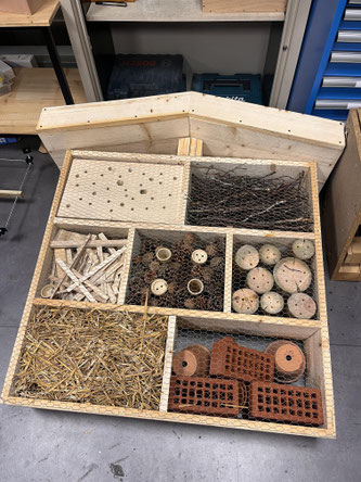 Hôtel à insectes avec toit végétalisé hauteur 1m20. Bravo à Manon et Mathilde !