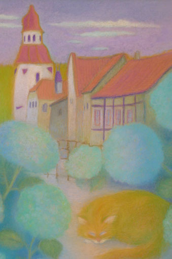 Katze im Hortensiengarten 52.5x42.5cm