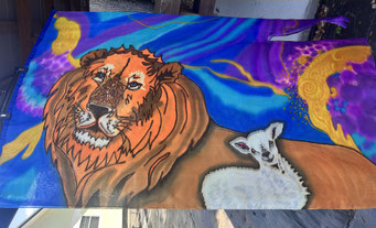 Lion and Lamb on colorful background