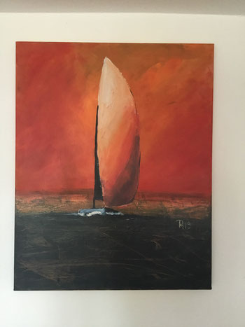 Gemälde in warmen Farben mit Segelboot. handgemalt auf Leinwand.