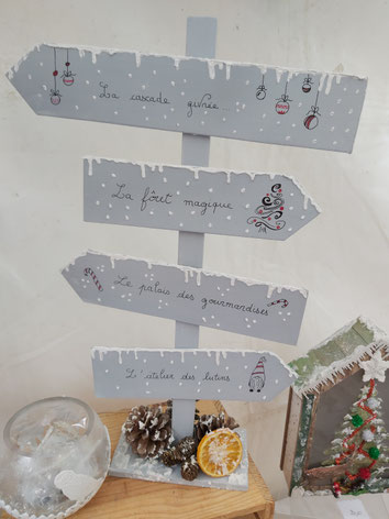 Photo d'un panneau directionnel avec 4 flèches coloris gris clair avec de la neige et des pommes de pin. sur chaque fleche est ecrit un message : cascade givree, la foret magique,le palais des gourmandises, l'atelier des lutins. fabrication artisanale 