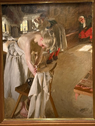 Anders Zorn. Domingo por la mañana 1891.Óleo sobre lienzo.121x93cm. Colección particular. El artista recuerda un tema en su infancia, tres muchachas se preparan para ir a la iglesia en diferentes etapas del aseo matutino.