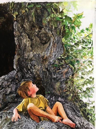 2023, `Naduu.........?´, 57 x 80 cm, Aquarell, Strukturpaste, Bitumen