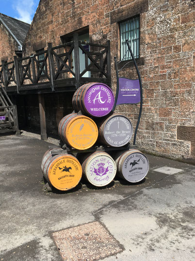 A colourful batch of casks in front of Annandale Distillery