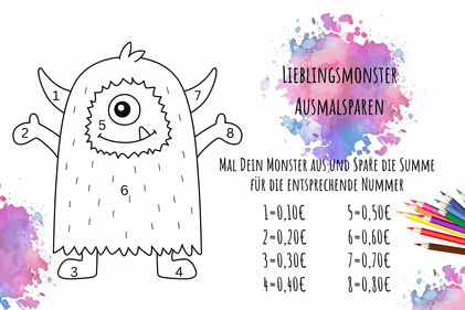 Lieblingsmonster-Ausmalsparen -kostenloses Sparspiel Template für die Umschlagmethode