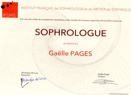 Diplôme de Sophrologue certifiée de Gaëlle Pagès - Formation professionnelle et expertise au Pertuis, Haute-Loire.