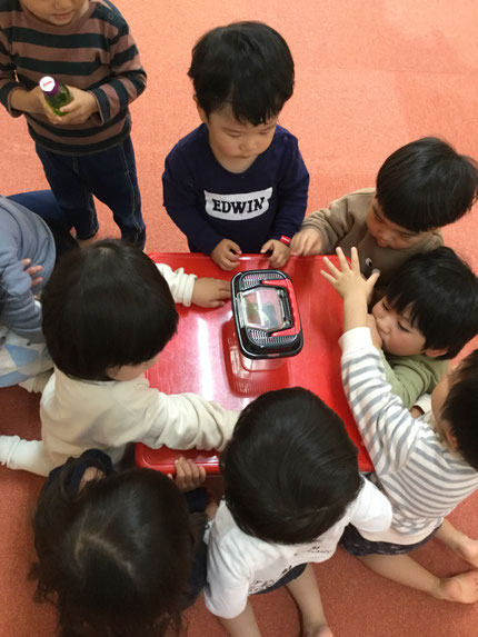 お洗濯を取り込んでいると、洗濯物にかわいらしいお客さんが！みんなの元気な声に惹かれて、カマキリさんが遊びに来てくれたようです♪