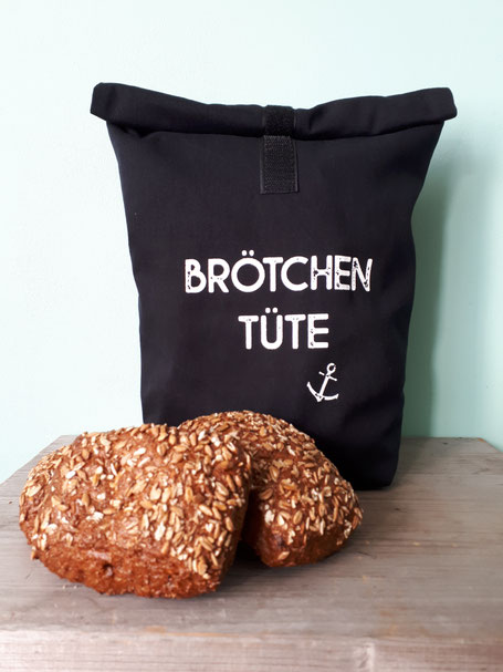 Schwarzer Brotbeutel aus Stoff mit weißem Aufdruck "Brötchentüte" 