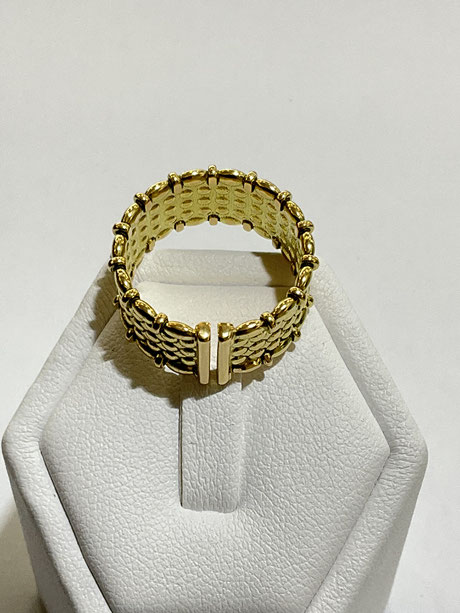 Bague Multirangs boules en Or jaune 750 (autre vue). Bague ouverte sur le bas avec baguettes de renfort , permettant un ajustement du tour du doigt si nécessaire.