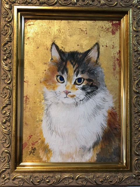 北田浩子 「マドモアゼル」 ¥88,000 日本画 絹生地、金箔、岩絵具、墨 220㎜×290㎜(内寸150㎜×210㎜)