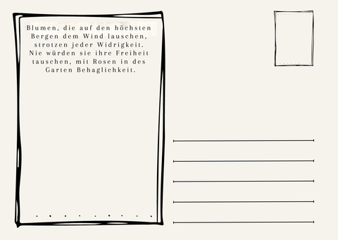 Postkarte "... vom Reichenstein inspiriert..." Rückseite S/W lustiger Spruch Zentangle Steine Blumen zeichnen