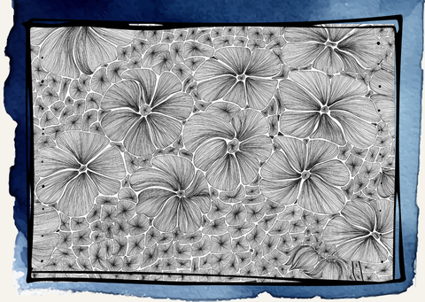 Postkarte "Blumenmeer" Vorderseite S/W Zentangle