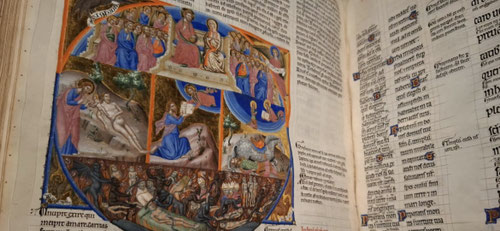 Ferrer Bassa y taller."Miniatura para el salmo 64" llamado Salterio de Canterbury o anglocatalán.1340-45. Pergamino iluminado.Biblioteca Nacional de París.Resuelve de forma circular la confianza en la justicia y protección divina, con Cristo y la Virgen.