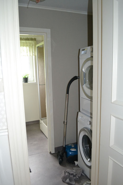 Wasmachine en droger bevinden zich in de kleine badkamer op de begane grond, samen met de douche.