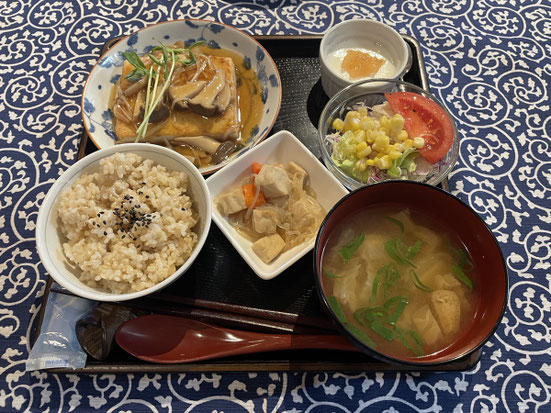 豆腐ハンバーグと小鉢が並ぶ、やさしい日替わりランチ。公園の緑を眺めながら、ほっと一息つけるワンプレート。