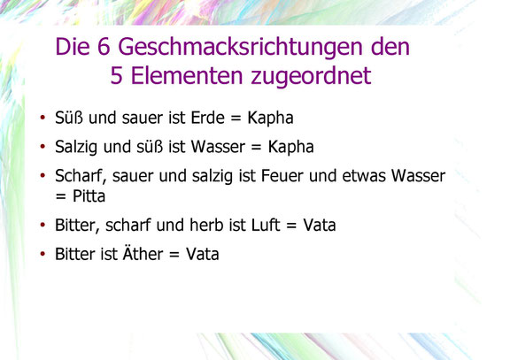 Die 6 Geschmacksrichtungen den 5 Elementen zugeordnet.