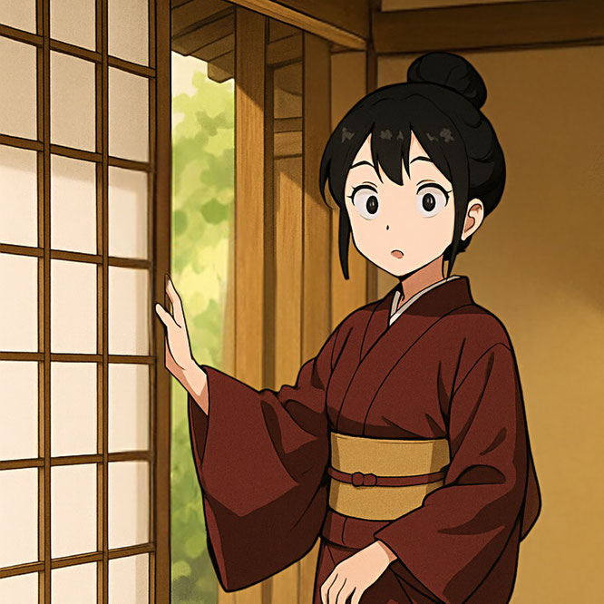 着物を着た若い女性が障子を開けてキョトンとした表情をしている場面。