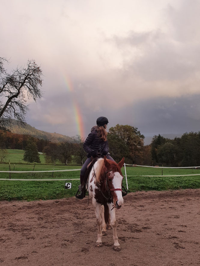 Auf dem Reitplatz steht ein geschecktes Pferd.Ein Mädchen sitzt darauf und schaut nach hinten ins Tal. Dort ist ein Regenbogen vor dem Wald.