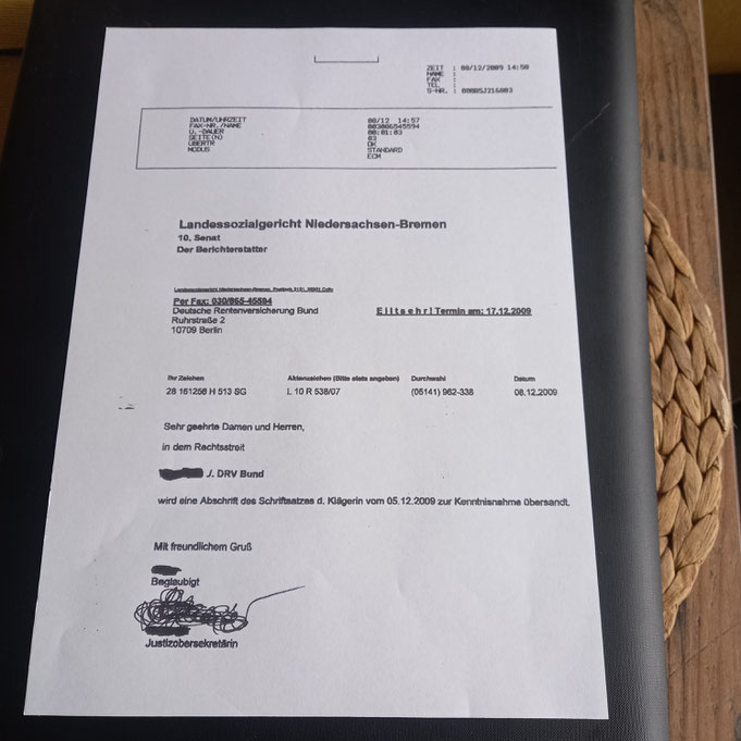 Beweis 4 Die Klägerin hatte dem LSG fristgerecht diesen Beweisantrag geschickt, der Eingang wurde nicht bestätigt, die DRV Bund aber umgehend benachrichtigt! Dies ist ein Indiz für die rechtswidrige Zusammenarbeit  zwischen DRV und dem LSG Niedersachsen! 