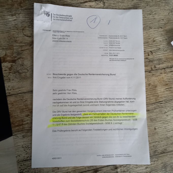 Beweis 22 Schreiben des Bundesdatenschutzbeauftragten Peter Schaar zu mehrfach rechtswidrigen Verstößen der Rentenversicherung gegen den Datenschutz
