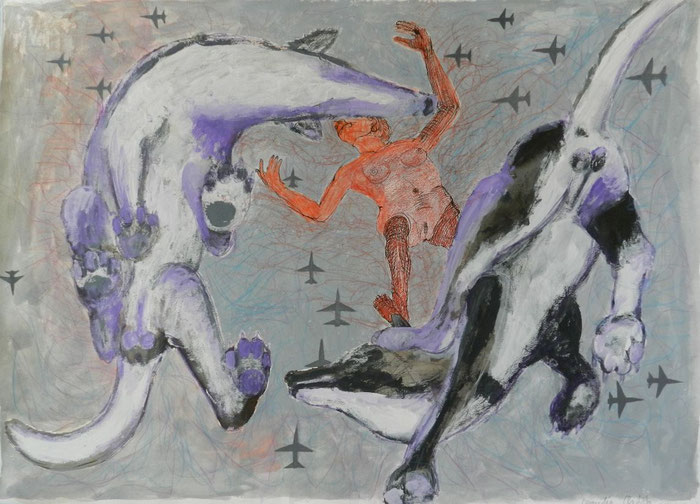 claudio-artista contemporary figurative art painting and drawing, wolfe dancing jet plains woman naked