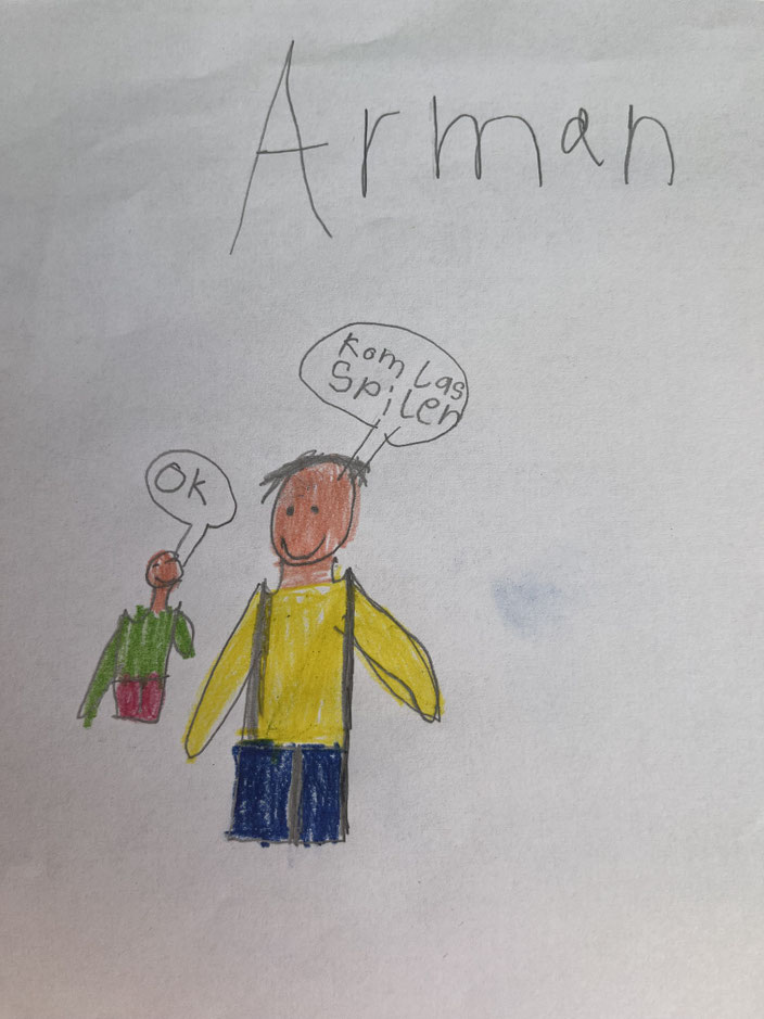Eine Zeichnung eines Schüler auf der 2 Menschen zu sehen sind.