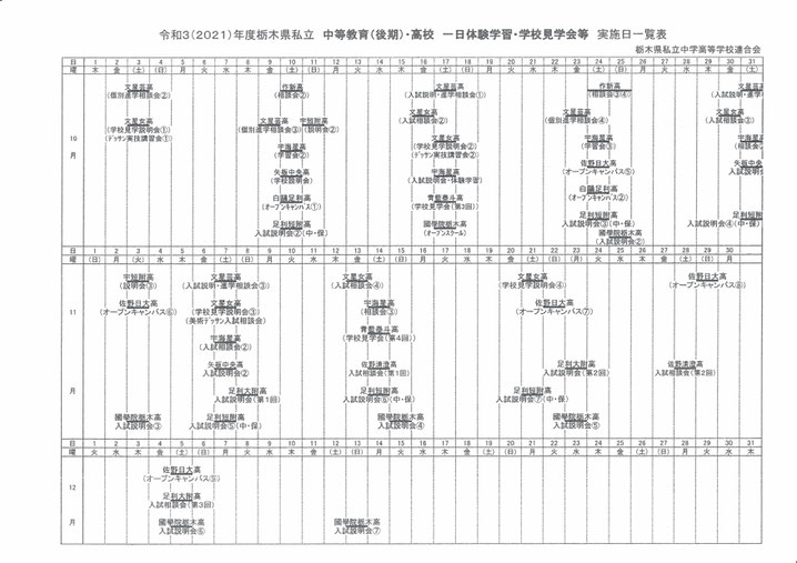 栃木県私立高校, 一日体験学習，学校見学会