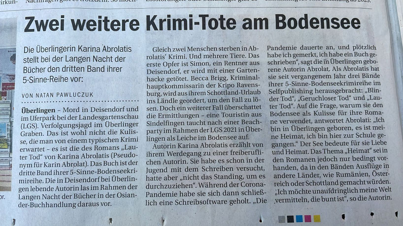 Presseartikel 5-Sinne-Bodenseekrimi Lesung | Quelle: Südkurier Überlingen; November 2024
