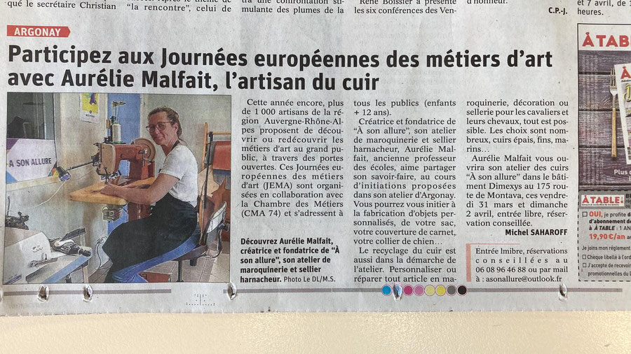 Article La Montagne à propos des Journées Européennes des Métiers d'Art. A Son Allure participe avec des "portes-ouvertes" de l'atelier à Argonay près d'Annecy.
