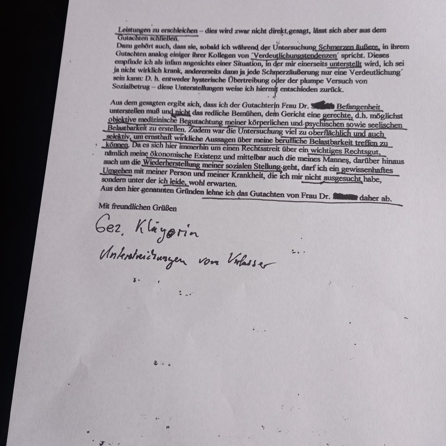 Beweis 10a: Befangenheitsbesorgnis nach der Begutachtung durch Dr. Simone Sörries, Bericht über die Begutachtung