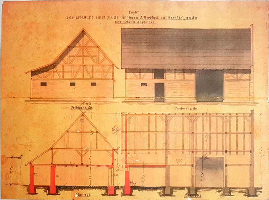 Bauzeichnung des Kuhstalls, den Johannes Meerbott 1882 gebaut hat.