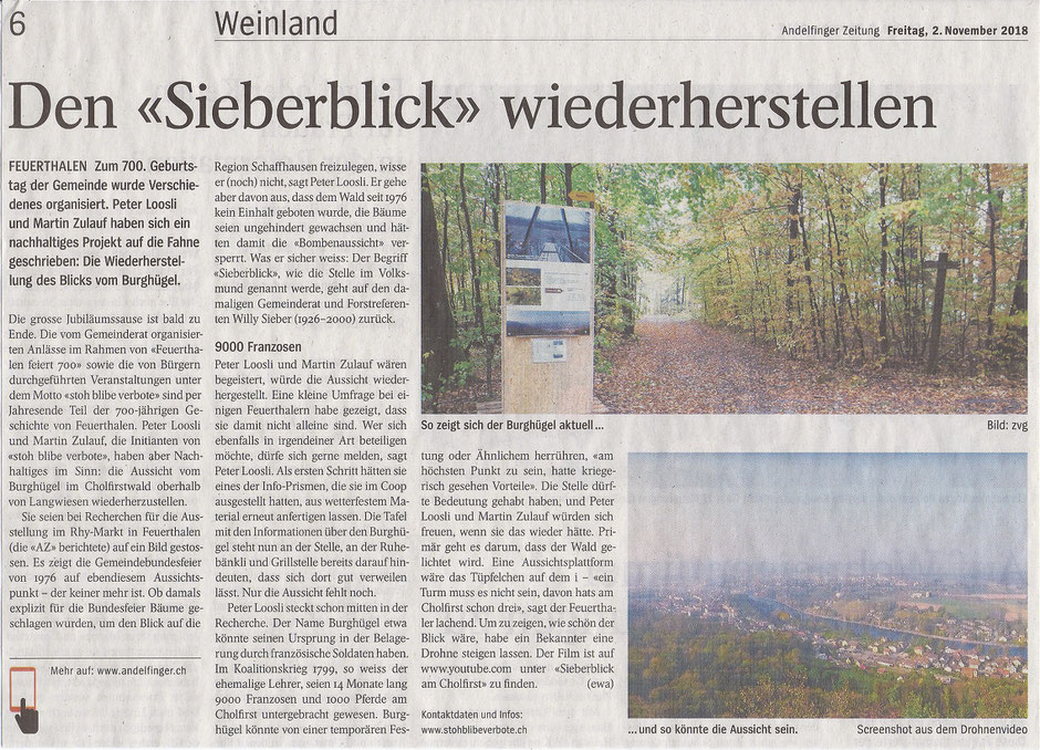 "Sieberblick" im Cholfirst, Andelfinger Zeitung 02.11.2018