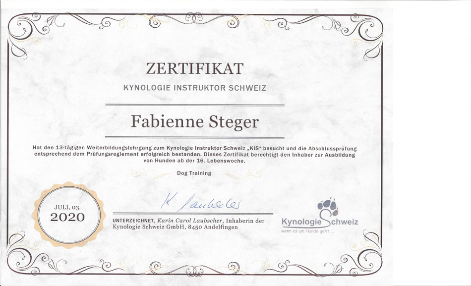 Zertifikat zur Hundetrainerin von Fabienne Steger, Dogcoach Schaffhausen