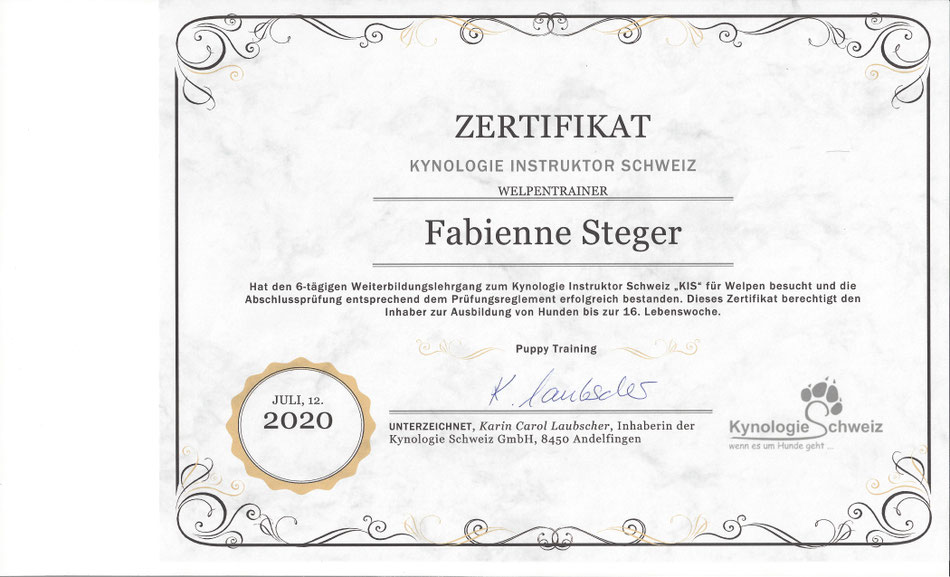 Zertifikat zur Welpentrainerin von Fabienne Steger, Dogcoach Schaffhausen