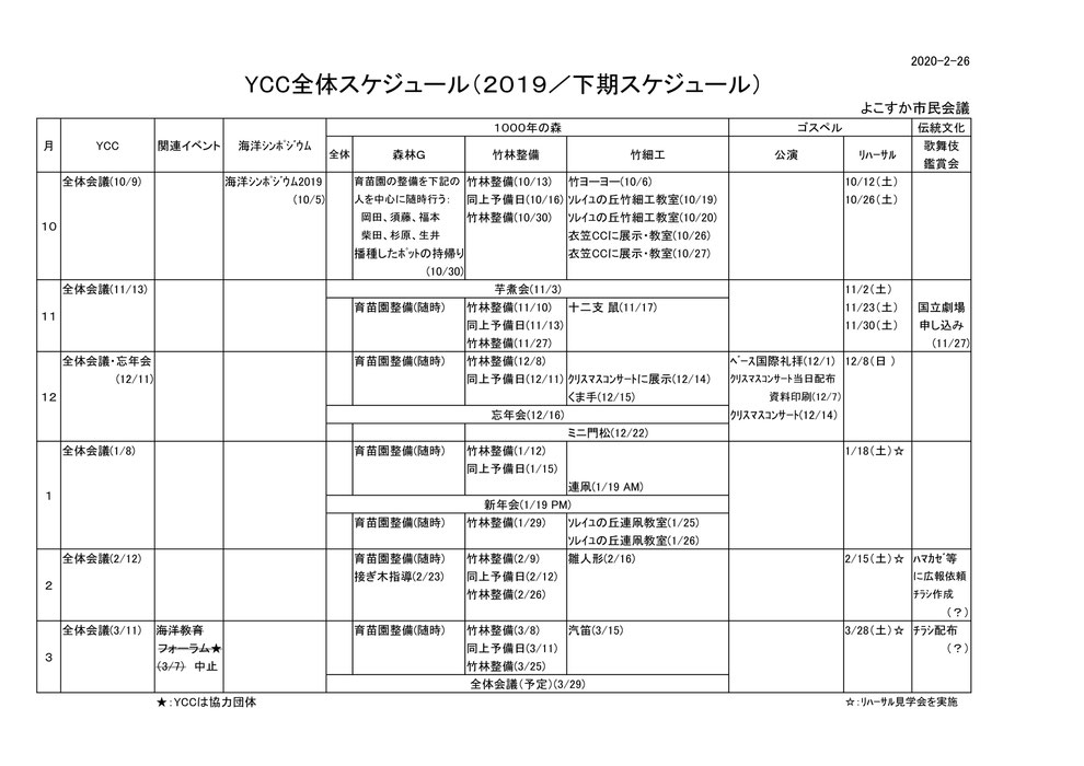 YCC2019下期ｽｹｼﾞｭｰﾙ